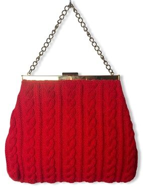 VTG Cable Knit Handbag Red Brass Frame Chain Strap Clutch Purse 70s 80s